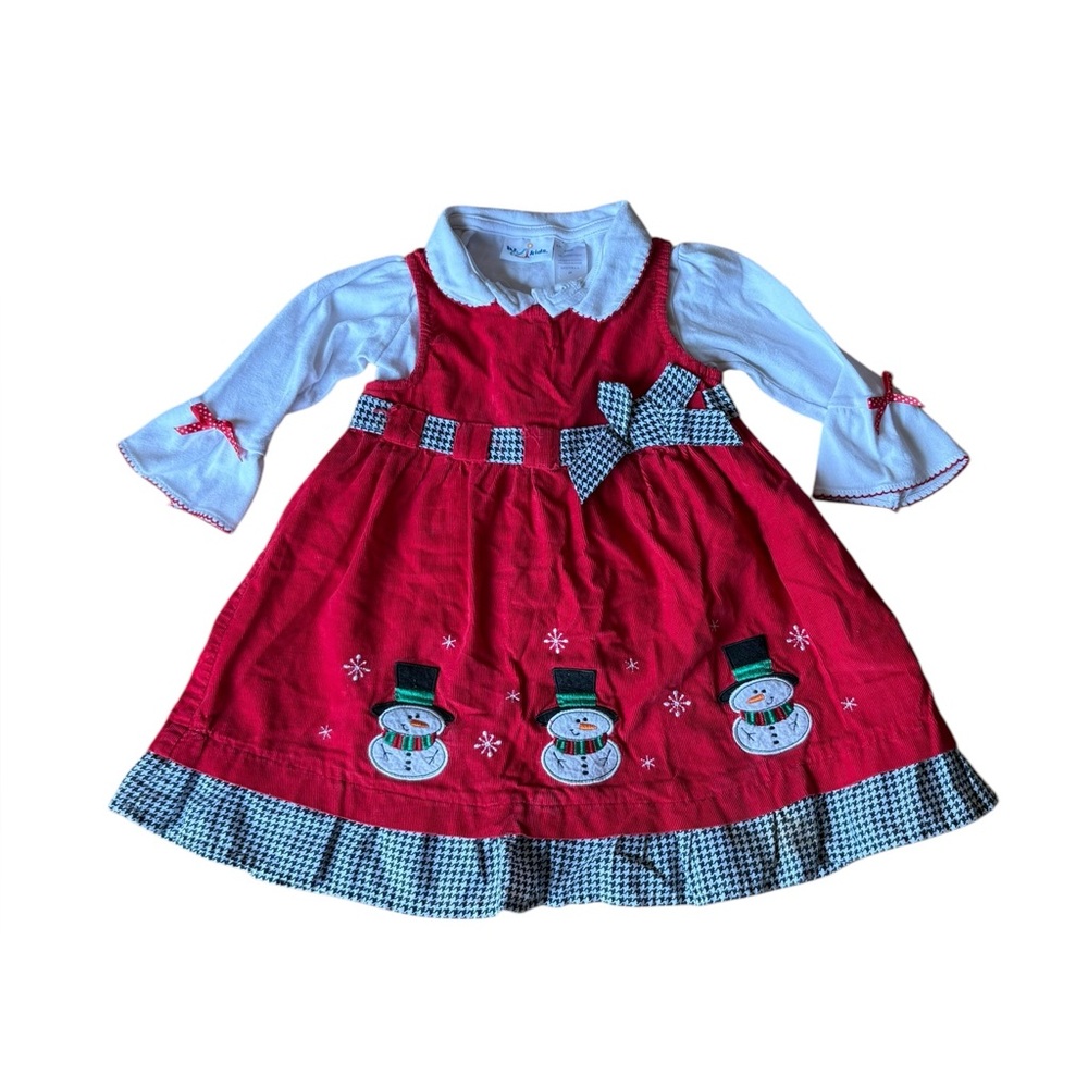 BT Kids Corduroy Red Jumper Dress With Undershirt Snowman Checked Trim Girls 2T